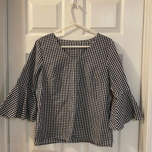 Black Gingham Bell Sleeve Top Medium EUC